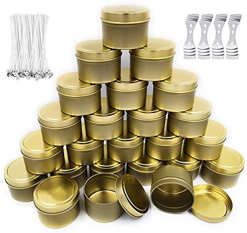 Kerze Gläsern für Die Herstellung Kerzen, Kerze Machen Kits Umfassen 24 Pack 5 Unzen Metall Kerze Dosen Mit Deckel, 50 baumwolle Dochte, 40 Docht Aufkleber, 4 Docht Halter (5OZ,Gold)