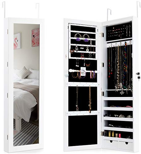 Giantex Schmuckschrank mit 15 LED, Schmuckregal Schmuckkommode mit Ganzkörperspiegel, 5 Fächer&2 Schubladen, abschließbarer Spiegelschrank Wandschrank für Schmuck, an der Tür hängend, weiß