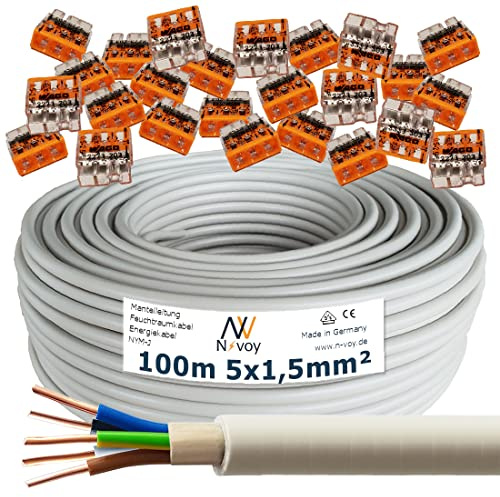 NYM-J 5x1,5 mm² 100m Mantelleitung Installationskabel mit 25 Stück WAGO Klemmen M98
