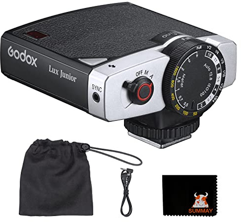 Godox Lux Junior Mini-Retro-Kamerablitz, GN12 @ ISO100 Automatischer/Manueller Blitzmodus 7-Stopp-Blitzleistung 6000K ± 200K Farbtemperatur, Geeignet für Fujifilm, Canon, Nikon, Olympus, Sony-Kameras