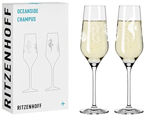 RITZENHOFF 3851001 Bicchiere da champagne 250 ml - Set di 2 Serie Oceanside No. 1-2 pezzi, motivo cavalluccio marino - Made in Germany
