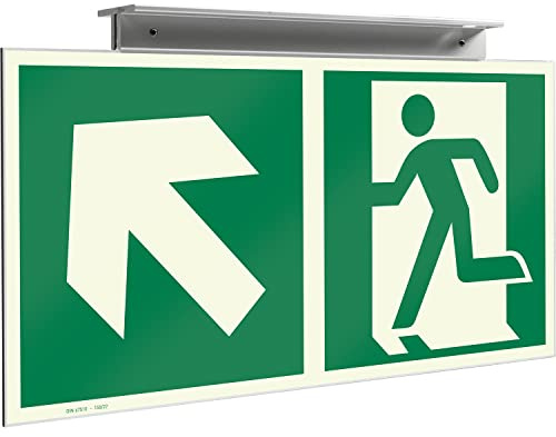 Betriebsausstattung24 Fluchtwegkennzeichnung - Fluchtweg: links/rechts aufwärts - Aluverbundplatte, nachleuchtend - 30,0 x 15,0 cm - Deckenmontage - ASR A1.3 DIN 7010 DIN 67510