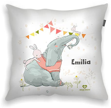 wolga-kreativ personalisiertes Kissen Elefant 40x40 cm – Kuschelkissen mit Namen & süßen Kindermotiven – Geschenk zur Geburt, Taufe & Geburtstag – Flauschiges Babykissen – Bedruckt in Deutschland