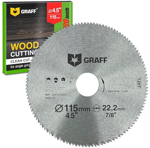 115 mm Lama per Sega Circolare per Smerigliatrice Angolare per Legno, Compensato, Laminato, Cartongesso, Plastica — Disco da Taglio Sottile 2mm per Legno a 120 Denti di GRAFF