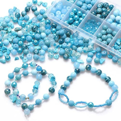 YPLonon Crackle Glasperlen zum Basteln 200 Stück Bunte Schmuckperlen Blau Edelsteinperlen Bastelperlen mit Loch für Schmuckherstellung und DIY Handwerk Dekorationen
