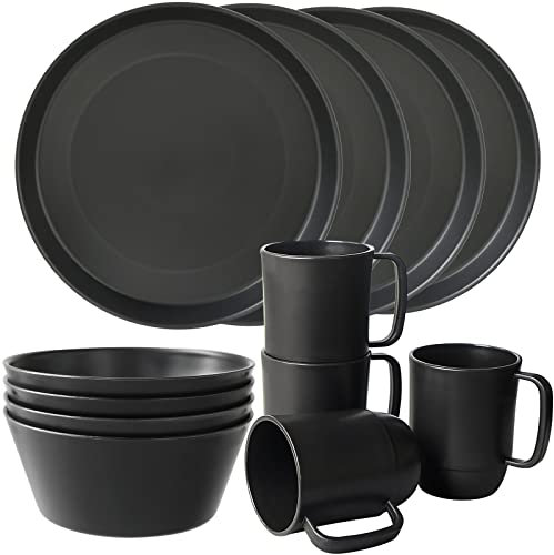 Greentainer Plastic Unbreakable Dinnerware Sets,12PCS Camping Tableware, Lightweight Plates, Bowls and Mugs, Microwave& Dishwasher Safe Plates Set, Service for 4, Great for Kids & Adults(Black)
