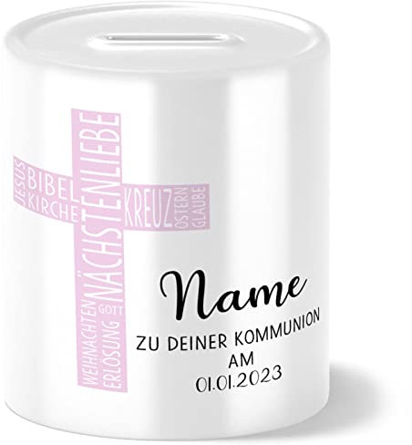 OWLBOOK Kommunion Kreuz mit Wörtern rosa Spardose personalisiert Geschenk Kommunion Geschenke für Mädchen und Junge Gastgeschenk Geldgeschenke Erstkommunion