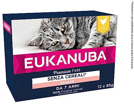 EUKANUBA Grain Free Alimento Húmedo para Gatos Sénior, Alimento Húmedo Premium Rico en Pollo para Gatos de Edad Avanzada, 12 x 85 g