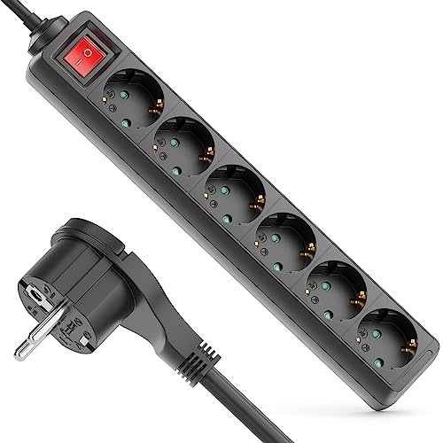 deleyCON 6-Fach Steckdosenleiste Flachstecker Schalter 3,0m - Schwarz | Mehrfachsteckdose Stromleiste für Innenbereich, EIN/AUS Schalter, Flachkontakt-Stecker, robustes Kunststoffgehäuse