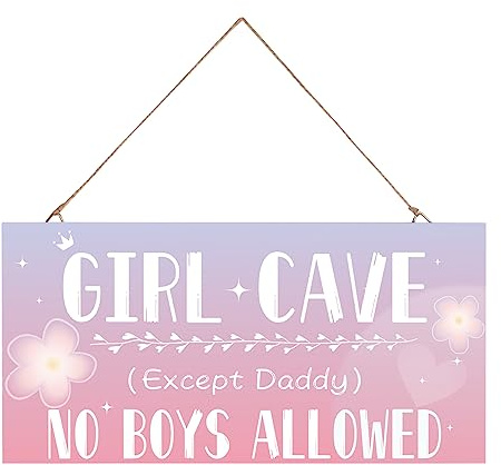 Girl Cave Sign, No Boys Allowed Except Daddy Signs Wall Decor(Purple) | Hanging Bedroom Door Decoration Sign for Woodland Nursery Home Decor, Cute Wall Room Decor for Teen Girls