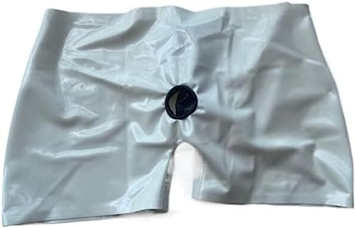 Männer Natürliche Fetisch-Latex-Shorts, Gummi-Unterwäsche Mit Rollrand-Loch Und Anus-Penis-Kondom,Weiss,XS