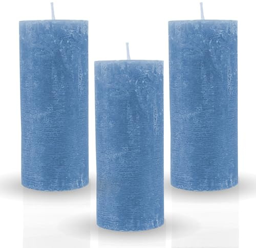 Bestgoodies Lot de 3 bougies piliers rustiques - Bleu - Différentes couleurs/tailles - Longue durée de combustion - Bougie d'autel sans parfum - Bougie décorative - Bougie de l'Avent