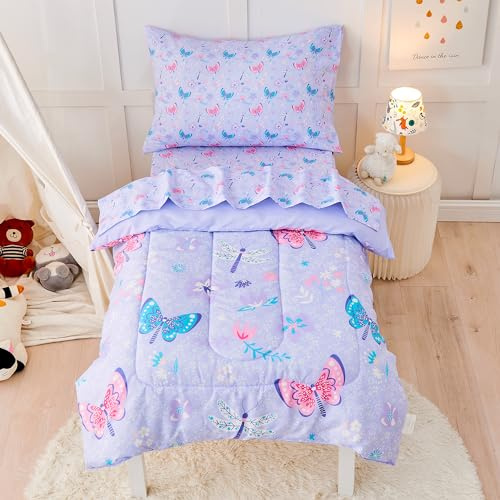 lasoftan Butterfly Toddler Bedding Set for Girls, 4 Piece Bed-in-a-Bag Toddler Comforter Sets, Super Soft Comforter Sheet Set and Comfortable Microfiber Toddler Bed Set