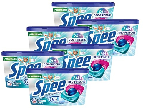 SPEE Power Caps Deo-Frische 6x 18 WL (108 Waschladungen), Vordosiertes Vollwaschmittel mit 4 + 1 Formel, Bekämpft Alltagsgerüche für 24h Frische-Kick, für Temperaturen von 20° - 95° C