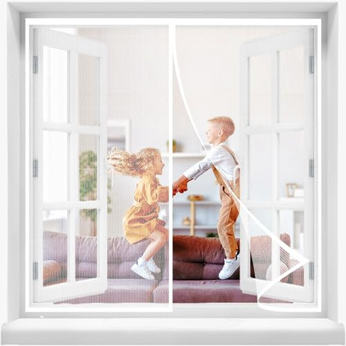 Magnet Fliegengitter Fenster, 85x135cmFenstervorhang Balkon Magnetvorhang, Fliegenschutz mit Verbreitertem Klebeband Insektengitter Lamellenvorhang Magnetvorhang (Weiß)