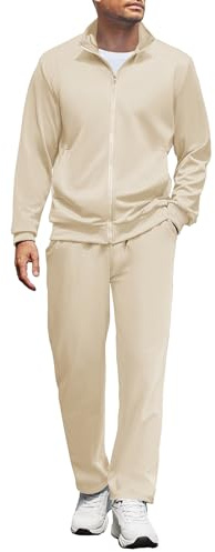COOFANDY Men Sweat Suit 2 Piece Outfit Runningtracksuits Training Suit Full Zip Jacket Matching Sweatpants Cream M