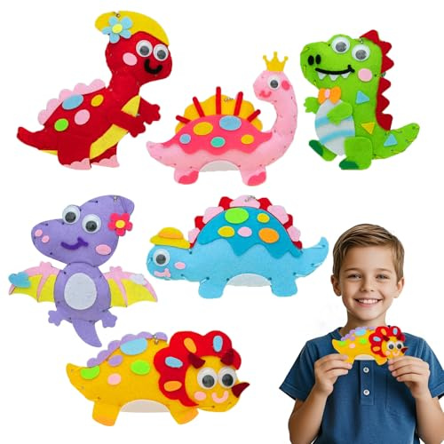 Cosysparks Kinder nähset für Kinder, 6 Pack Dinosaurier Bastelsets Für Kinders Nähset Anfänger Spaß Diy Pädagogisches Nähen Handwerk Geschenk mit Nähwerkzeugen Für Jungen Mädchen