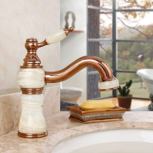 CCKUHN All Copper Natural Jade Hot and Cold Water Faucets, Rose Gold Marble Antique Faucets, Golden Faucets