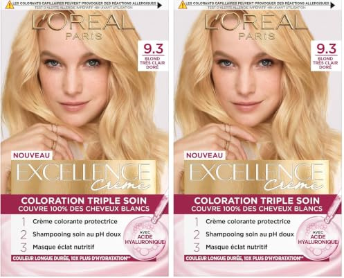 L’ORÉAL PARIS - Coloration Cheveux Permanente Triple Soin - Couvre 100% des Cheveux Blancs - Excellence Crème - Nuance : Blond Très Clair Doré (9.3) (Lot de 2)