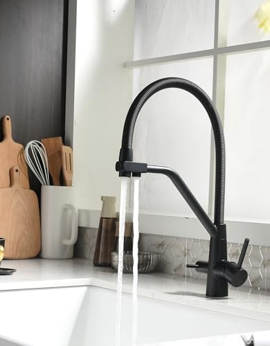 TIMACO 3 Wege Wasserhahn Küche Schwarz,Küchenarmatur-360° Drehbar,mit 3 in 1 Wasserhahn für Wasserfilter,Spiralfederarmatur Trinkwasserhahn mit Doppelhebel,Hochdruck