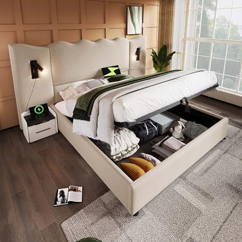 YESGIGA Polsterbett Doppelbett mit Leselampe und USB Type-C Ladefunktion, Stauraumbett Bettgestell mit Lattenrost aus Massivholz und Metall (Beige-Leinen (Ohne Matratze), 160×200cm)