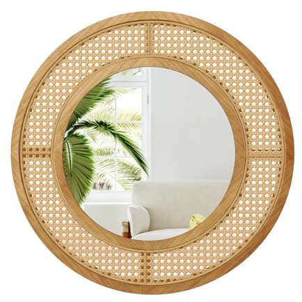 FANTASK Specchio da parete rotondo in rattan, ∅ 65 cm, specchio decorativo con cornice in legno e vetro di alluminio e ganci, specchio decorativo a parete