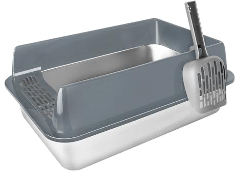 Homewell XXL Offene Katzentoilette Edelstahl, Große Katzenklo für Große Katzen und Kätzchen, mit Schaufel, Leichte Reinigung, Spritzschutz, Offenes Design, Schwarz/Grau (Grau, S 50 * 35 * 24 cm)