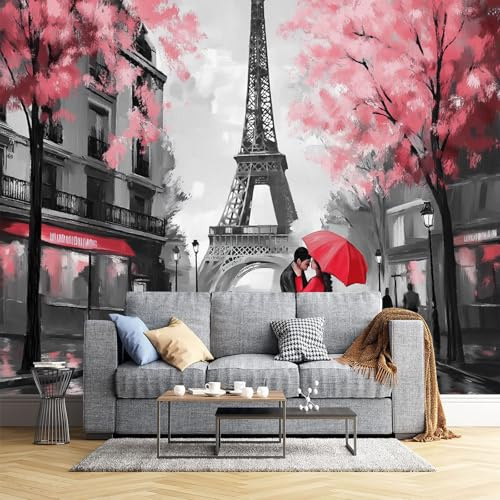 DLERFLOVR Wallpaper Eiffel Tower Family Wall Mural Silk Cloth Art Design Romantic Paris Photo Wallpaper for Living Room Bedroom Backdrop Wall Decor Poster Picture 300x210cm