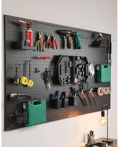 Panneaux perforés en métal noir – 120 x 60 cm mural pour garage et atelier système de rangement d'outils avec 10 crochets design modulaire pour une efficacité maximale