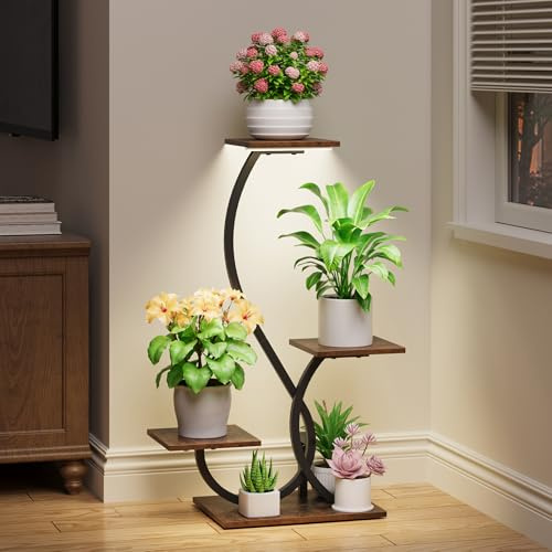 BACEKOLL Pflanzenständer mit Wachstumslicht - 4 Ebenen Blumenständer 81cm Metall Holz Pflanzenregal - Innen & Außen Blumentreppe - Dekoratives Schwarz Blumenregal für Indoor Garten Balkon