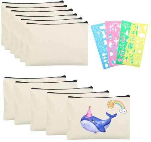 FEMONGY Stoffbeutel zum bemalen 10 Stück Beutel zum bemalen (20x13cm) | Mit 4 Stück Malschablone Stoffbeutel mit reißverschluss, Baumwolltasche für bemalen, Mäppchen, Aufbewahrung Schreibwaren
