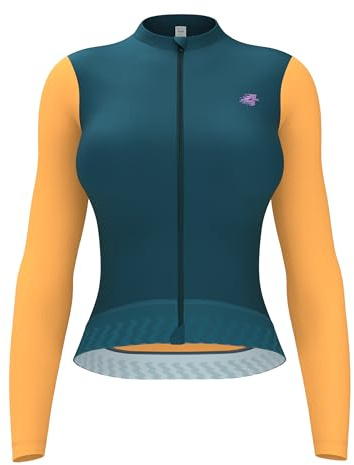 LAMEDA Camiseta de Ciclismo Mujer con Mangas Largas Maillot Bicicletas de Carretera UPF50+ Slim Fit Azul+Amarillo,S