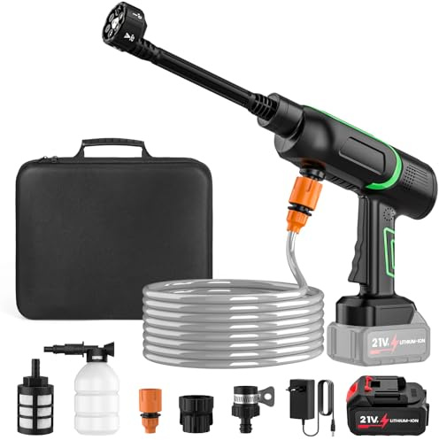 Nettoyeur Haute Pression sans Fil, 50Bar Nettoyeur Haute Pression Portable avec 1 x 3,0 Ah Batterie, Buse 6 en 1, Réglage de la Pression sur 3 Niveaux, Adapté au Nettoyag des Balcons, Voitures