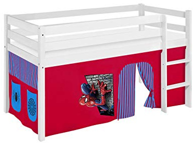 Lilokids Hochbett JELLE 90×200 cm | 90x190 cm – Kinderbett & Spielbett aus Massivholz (Kiefer) inkl. Lattenrost – Verschiedene Markenmotive (Spiderman, 90 x 200 cm)