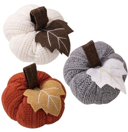 VICASKY Decorazione Di Zucca Lavorata a Maglia Autentica Per Festa Del Ringraziamento, Zucca Decorativa Finta Arancione, Grigia e Bianca 3 Pezzi, Ornamento Per Arredamento Domestico Autunnale