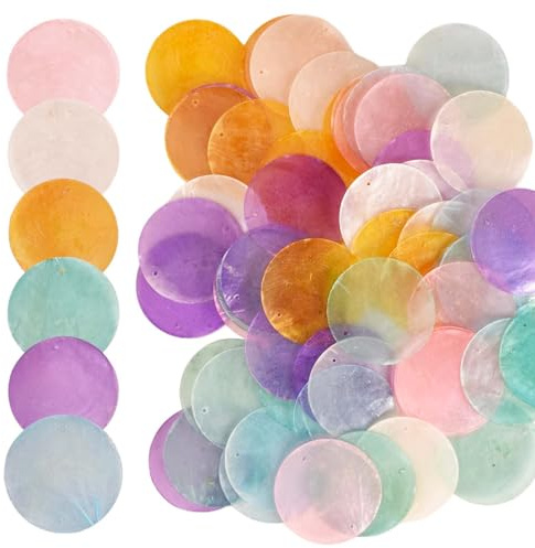 Luxvara 60 Piezas Conchas Redondas de 5 cm con 2 Agujeros, Discos de Nácar con Agujero para Manualidades, Rebanada de Concha Redonda Pulida para Hechos a Mano para Bricolaje, 6 Colores (B)