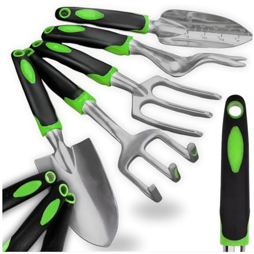 ZOLTA Gartengeräte Set 5-teilig Gartenwerkzeug Set Schaufel Harke Handrechen Unkrautstecher ergonomisch Metall grün schwarz robust langlebig Geschenk für Hobbygärtner Gartenarbeit Pflanzen