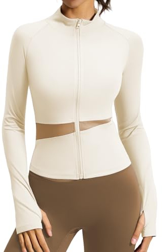ATRACTIVOLL Sportjacka dam andningsbar lättviktig löparjacka dragkedja långärmad smal passform stretch mjuk yoga jacka med hål för tummen löpning gym fitness träning, Beige, S