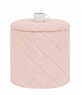 Bonlife Runder Hocker Ottoman mit Stauraum, Klappbarer Hocker mit Deckel, Boucle Frisierhocker für Wohnzimmer, Schlafzimmer, Eingangsbereich, Rosa, 33x33x35cm