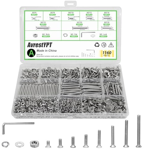 1160 Pcs M3 Countersunk Screws Screws Assortment kit Flat Head Screws Machine Screws Phillips Bolts Nuts Washers Assortment Kit with Screwdriver for Electronics, Machinery - M3x6/8/10/12/16/20/25/30mm