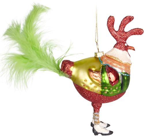 BRUBAKER Rooster in Christmas Suit – Glitter Chicken with Feathers – Festive Glass Bauble - Hand-Painted and Mouth-Blown - Humorous Tree Decoration Figure - Funny Hanging Ornament – 7.1 inches (18 cm)