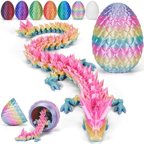 Merrwon 3D Printed Dragon Egg with Dragon (28.5cm) Inside, 3D Printed Articulated Crystal Animals Easter Toys & Decor, Unique Easter Gift for Kids, Teens, Adults, Collectors, Rainbow Color