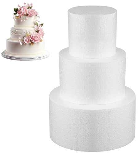 INOOMP Finta Torta in Schiuma Rotonda Bianca 3 Pezzi per Decorare | Torta Polistirolo 2 Piani, Uso per Dolci e Feste di Compleanno, Look Realistico