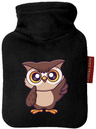 Huuraa Mini-Wärmflasche Eule Comic 0,2 Liter Black Mini Veloursbezug Taschenwärmer Geschenkidee