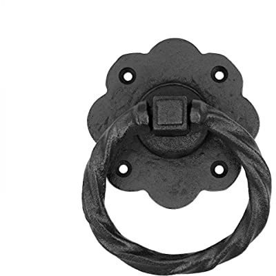 Renovators Supply Manufacturing Black Wrought Iron Cabinet Ring Pull Flower Roped Style 3-5/8 in. Antique RSF Rust-Resistant Powder Coat Finish with Mounting Hardware