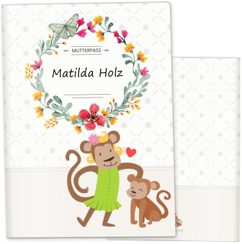 OLGS Mutterpasshülle 3-teilig personalisiert Mommy Love Butterfly | Baby Schwangerschaft Geschenkidee Schutzhülle für den Mutterpass | Für werdende Mütter (Mutterpass personalisiert, Affe)