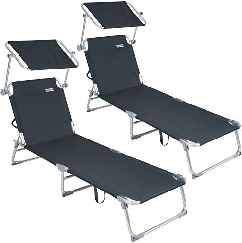 Casaria® 2er Set Sonnenliege Aluminium Klappbar Wetterfest Gartenliege Mit Dach 150 kg Belastbar 190 x 60 cm Liegestuhl Leicht Relaxliege Pool Grau