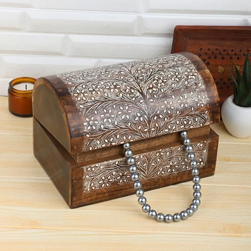 Ajuny Handgefertigte Dekorative Holz Schmuckschatulle mit Blumenmuster Mehrzweck Schatztruhe Aufbewahrungs Organisator Schmuckstück Andenken Ohrringe Halsketten Uhrenbox, Tolle Geschenke – 9x6 Zoll