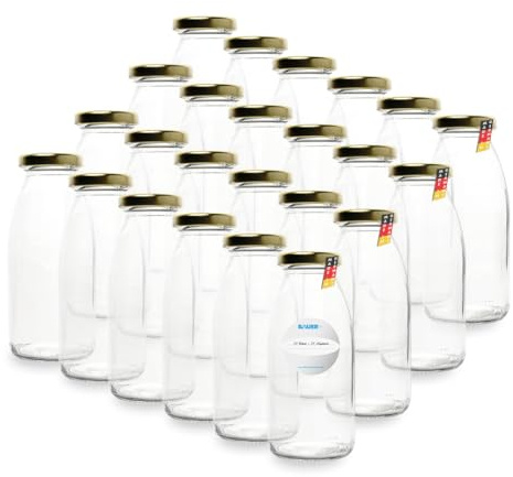 Flaschenbauer - 24x Glasflaschen 250ml mit Deckel TO43 in Gold - Flaschen zum Befüllen inkl. Etiketten, Saftflaschen, Milchflaschen, Vorratsflaschen, Einmachgläser, Smoothie Flaschen - Made in Germany