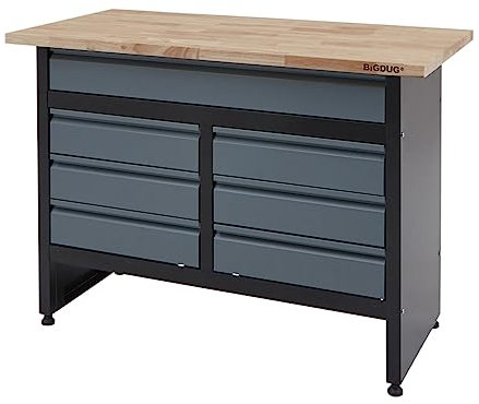 BiGDUG Garage Workbench Drawer Cabinet - Workshop Storage Workstation - 842H x 1200W x 600D mm - 7x Drawer - Black/Grey
